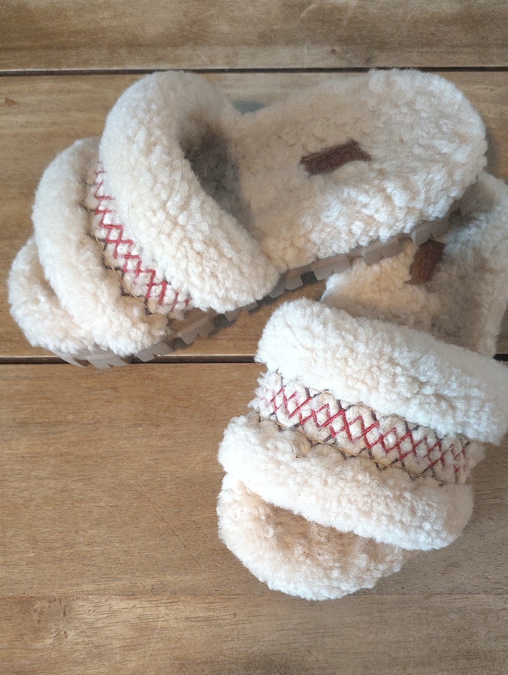 UGG Cream Shearling Double-Strap Slide Sandals with Red Stitching